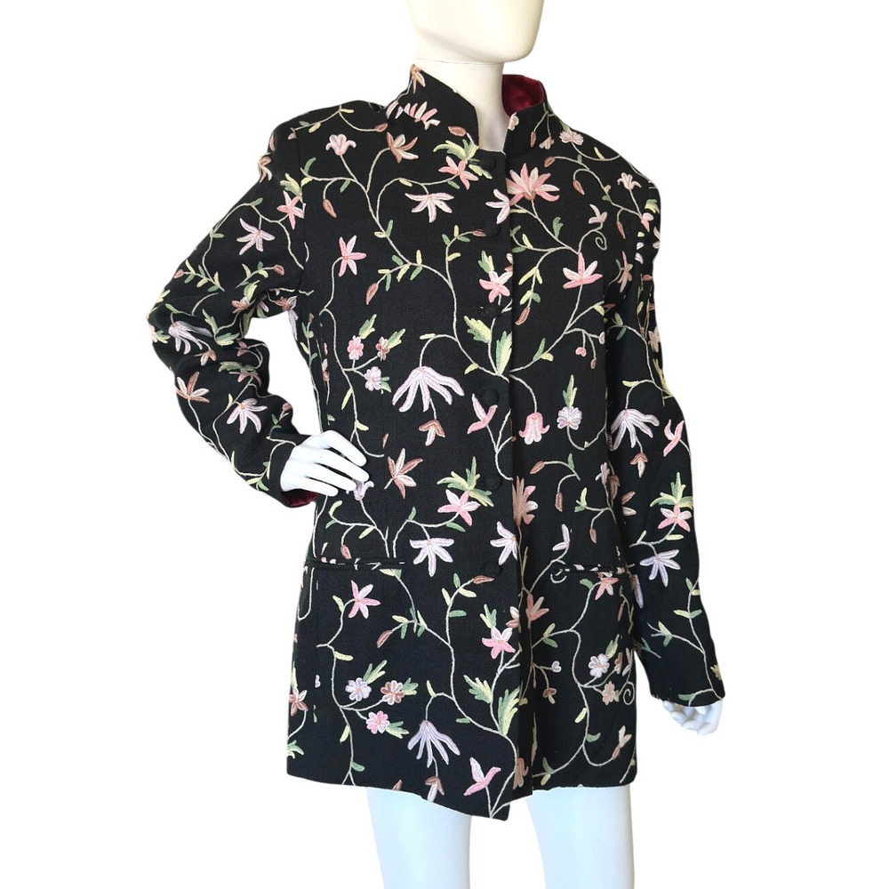 Burberry's London Navy Floral Embroidered Wool Mandarin Collar Jacket Sz 14 KC